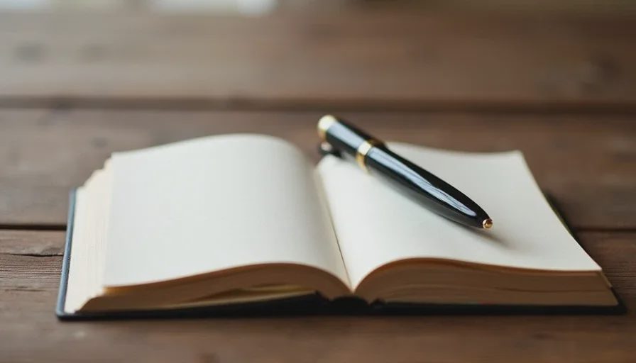 Straight head line paired with journal and pen.